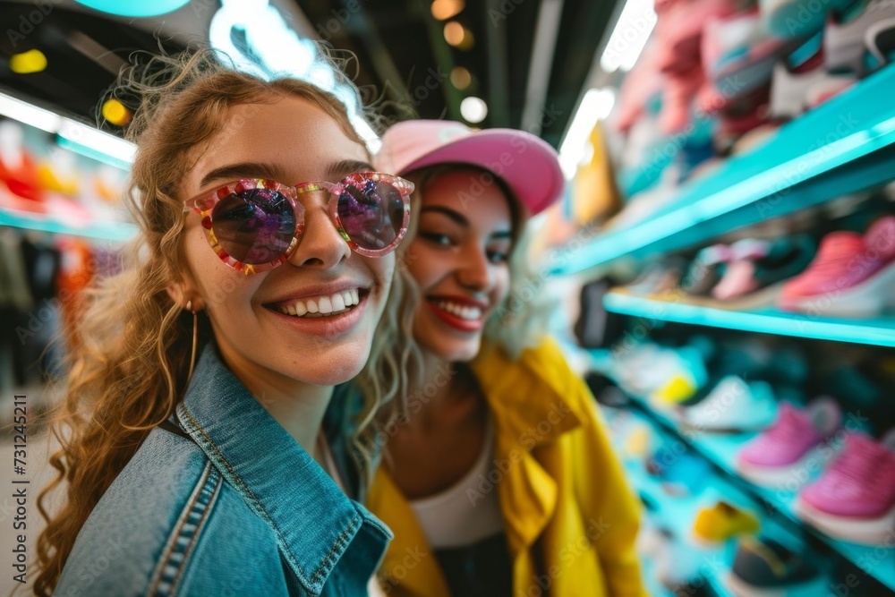 Smiling young women enjoying a shopping spree in a shoe store Capturing the joy and excitement of retail therapy and friendship