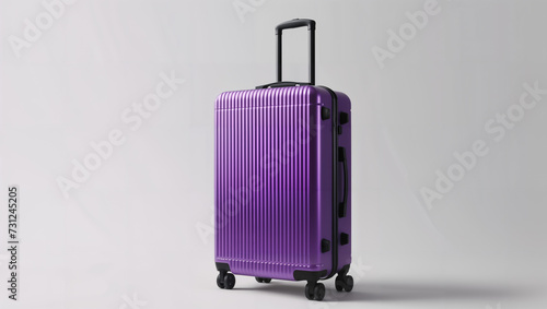 big purple modern rolling travel suitcase on solid bright background