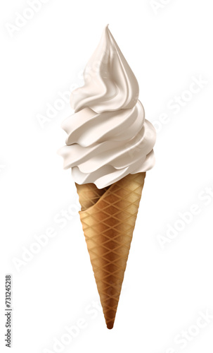 3d realistic vector icon illustration. Vanilla ice cream cone sundae. Isolated on white background.