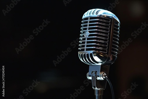 Vintage microphone set against a black background Evoking the classic era of music and performance with a focus on sound quality and nostalgia