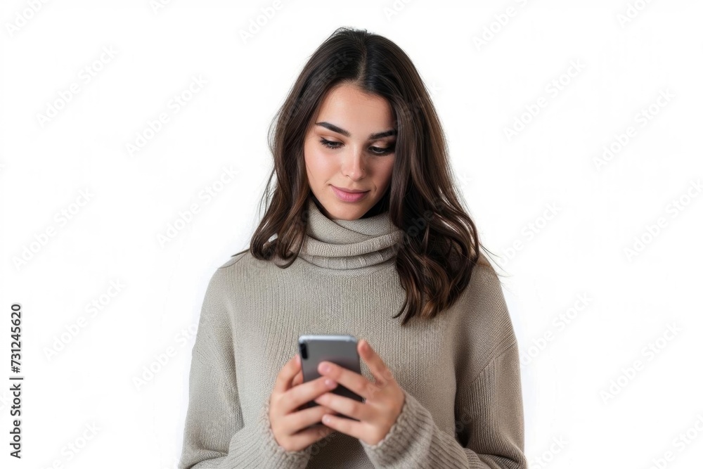 Woman using a cell phone Isolated on a white background Symbolizing connectivity Communication And the ubiquitous presence of smartphones in modern life Woman using a cell phone Isolated on a white background Symbolizing connectivity Communication And the ubiquitous presence of smartphones in modern life