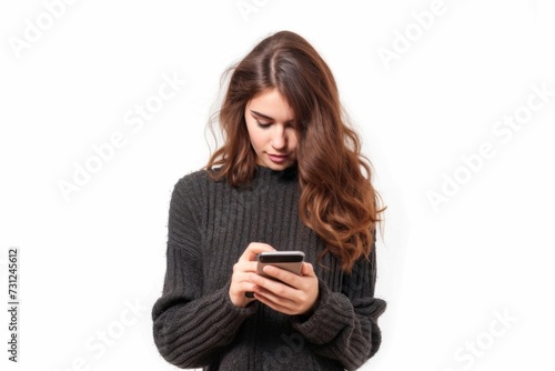 Woman using a cell phone Isolated on a white background Symbolizing connectivity Communication And the ubiquitous presence of smartphones in modern life