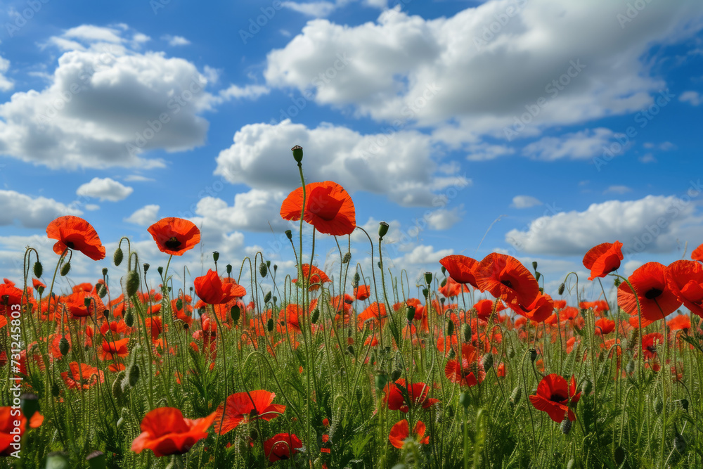 Obraz premium field of poppies, with a blue sky and white clouds