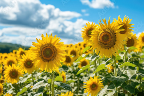 field of sunflowers  with a blue sky and white clouds