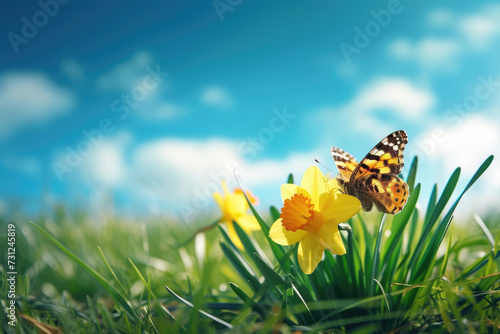 butterfly on a daffodil, with green grass and a blue sky