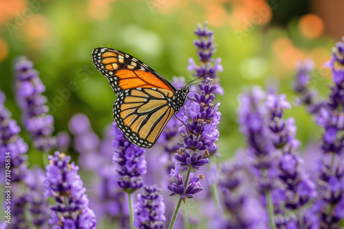 butterfly on a lavender bush, with purple flowers and green leaves © Formoney