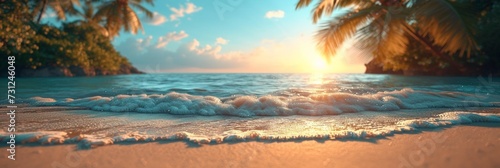 A tranquil beach scene with a stunning sunset, palm trees, and a serene atmosphere by the ocean. photo