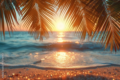 A tropical beach at sunset, with palm trees, golden sands, and the sun setting over the ocean.