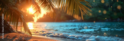 A tropical beach scene at sunset, featuring palm trees, serene waves, and a beautiful horizon.