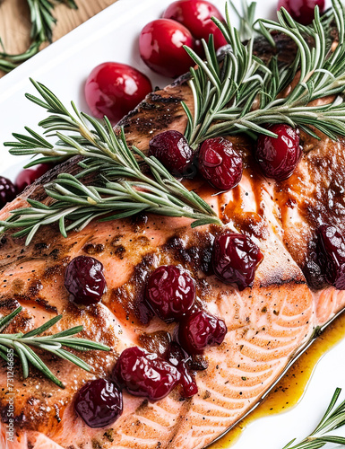 Juicy baked piece of salmon on a white plate decorated with sprigs of rosemary and cranberries, generative ai