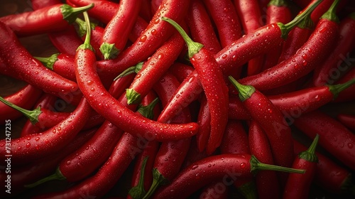 Pile of red chilies for vegetable theme background. Top view.