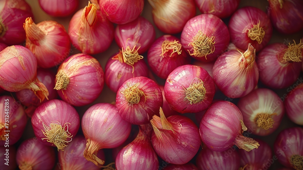 Pile of fresh red onion or shallot. Top view.
