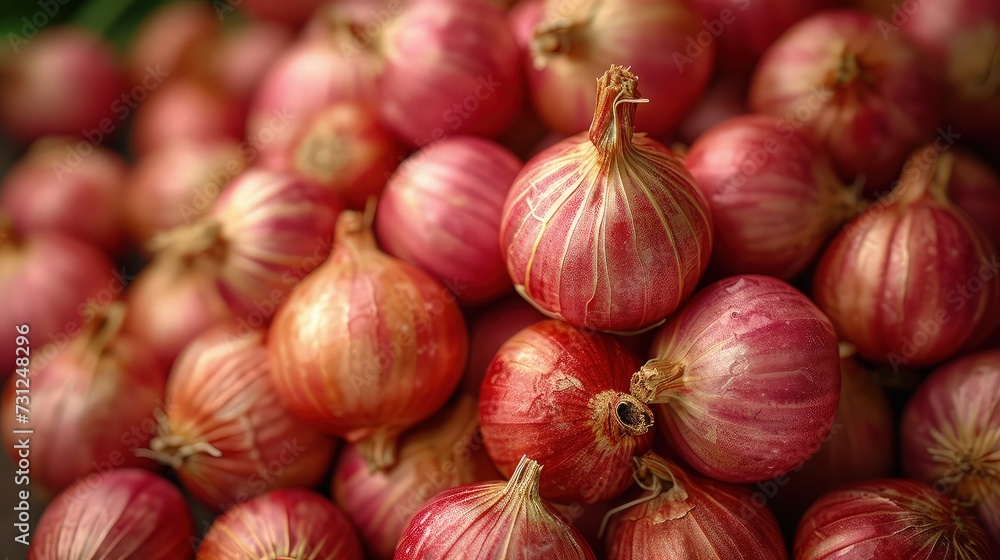 Pile of red onion or shallot. Close up view.