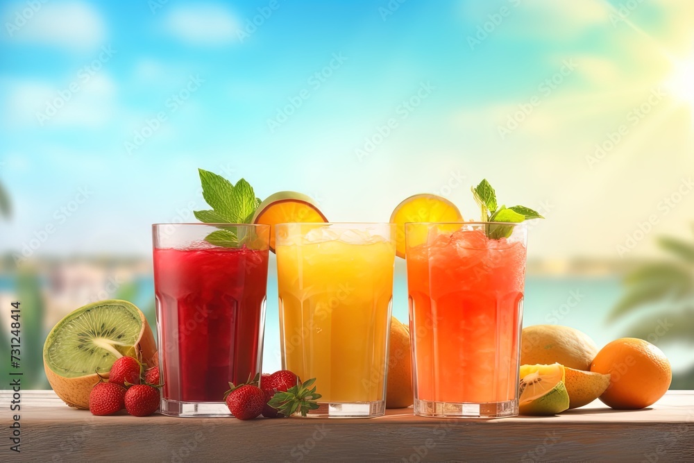 Tropical summer fruit juices in a beach background. Summer vibe. Tropical summer fruit juices in a beach background. Summer vibe.
