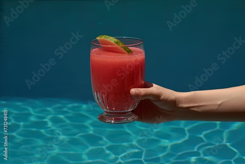 Hand holding a watermelon juice in a swimming pool background. Summer vibe.