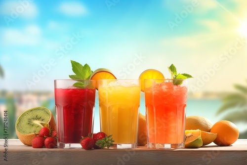 Tropical summer fruit juices in a beach background. Summer vibe.