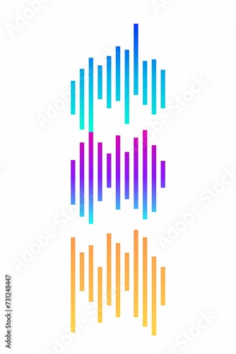 Volume spectrum collection. Multicolored audio range effect. Rainbow music signal diagram. Vivid colors equalizer charts. Sound waves abstract graph. Trendy frequency beats graphic icon set.