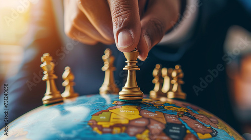A close-up of a hand moving a chess piece on a globe, representing global business strategy, business strategy, dynamic and dramatic compositions, with copy space photo