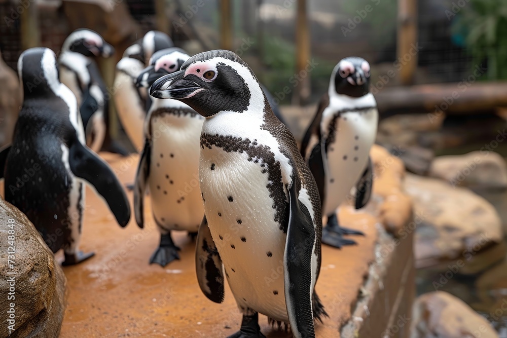 Naklejka premium A community of flightless adaalie penguins stands tall on a rocky perch, their beaks pointed towards the endless expanse of the outdoor world beyond the zoo and aquarium walls