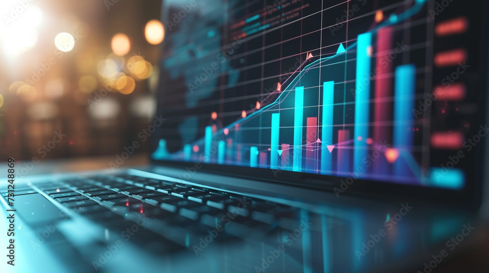 A 3D graph growing upwards from a laptop, indicating successful strategy implementation, business strategy, dynamic and dramatic compositions, with copy space A 3D graph growing upwards from a laptop, indicating successful strategy implementation, business strategy, dynamic and dramatic compositions, with copy space