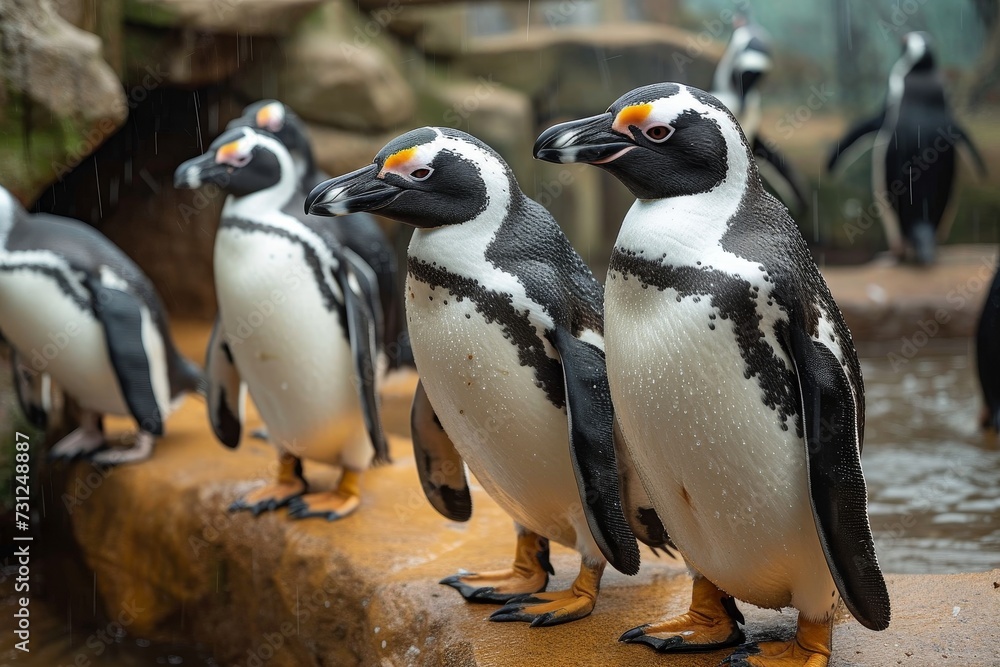 Fototapeta premium A majestic group of flightless adaalie and king penguins stand proudly on a rocky surface, exuding the wild beauty of these aquatic birds in their natural habitat at the zoo or aquarium