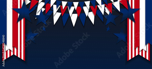 United States american patriotic papercut banner, background, web, card, poster, cover, label, flyer, layout. Flag USA  garland  lights. Media print for presentation, information, election meeting 