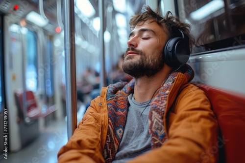 A weary traveler dozes off, his bearded face peaceful under headphones, as the bus carries him through the bustling streets and into the depths of the city