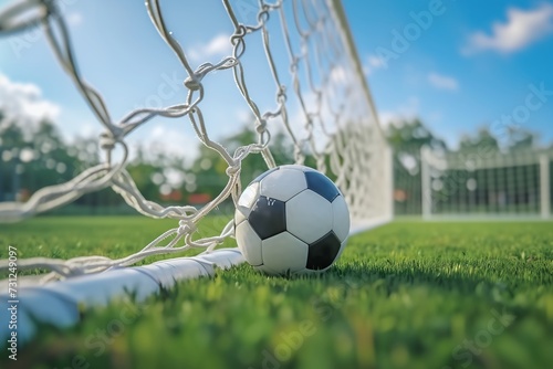 soccer ball in goal net © Pathum