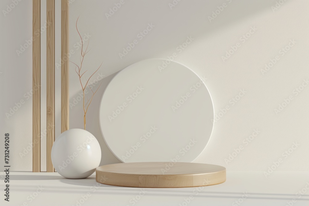 Minimalist display setup with spherical,
A modern minimalist display featuring a wooden podium, white spheres, and soft natural light. 3d, render Minimalist display setup with spherical,
A modern minimalist display featuring a wooden podium, white spheres, and soft natural light. 3d, render