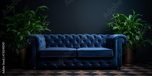 Modern living room with a blue couch and a coffee table  ,Cozy modern living dark blue wall retreat  © Muhammad