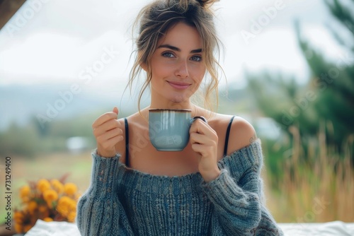 A poised woman sips from her coffee cup as she basks in the warm sun, surrounded by lush greenery and delicate flowers during a peaceful outdoor photo shoot