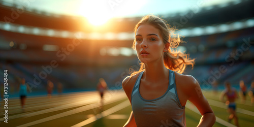 Athletic young woman preparing for Olympics, running on track with sunset in the background