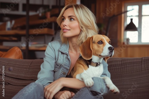 A woman relaxes on her brown sofa, draped in comfortable clothing, while her loyal beagle sits by her side, their human faces reflecting contentment in their indoor sanctuary