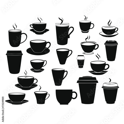 Black and white vector illustration of various coffee cup silhouettes, showcasing diverse mug and cup designs with steam rising against a plain backdrop.