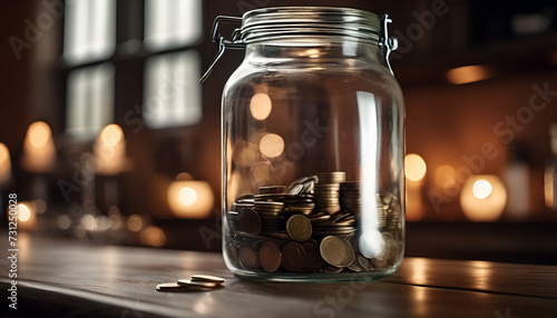 Coins in glass jar with coins on the wooden table for finance budgeting money management and personal savings investment frugal lifestyle concept photo