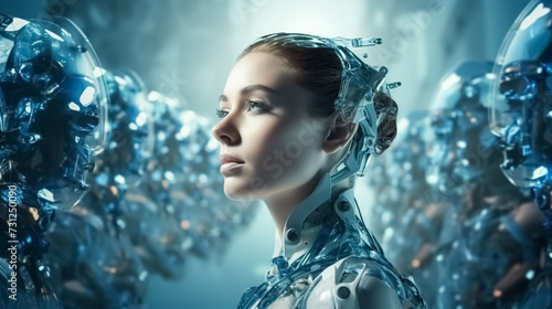 Artificial Intelligence robots. A girl with woman robots in the factory. Big data, artificial intelligence, modern technology.