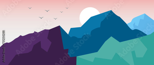 Vector flat gradient illustration. Beautiful nature with mountains, birds and sunset. Ideal for textile design, screensavers, covers, cards, invitations and posters.