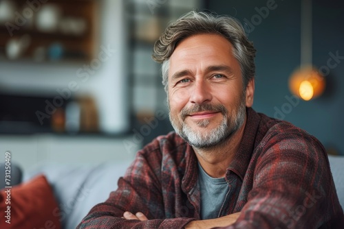 A seasoned gentleman radiates warmth and wisdom as he proudly displays his distinguished facial hair in a cozy indoor setting, his content smile accentuated by the contrast of the muted wall behind h