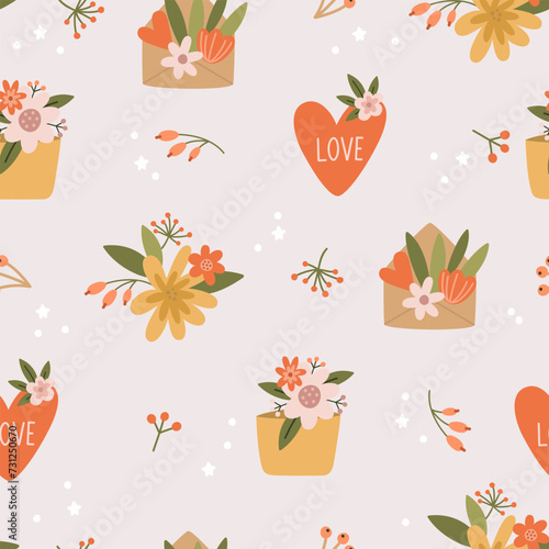 Romantic pattern with a bouquet of flowers and hearts. Printing on wrapping paper is possible.