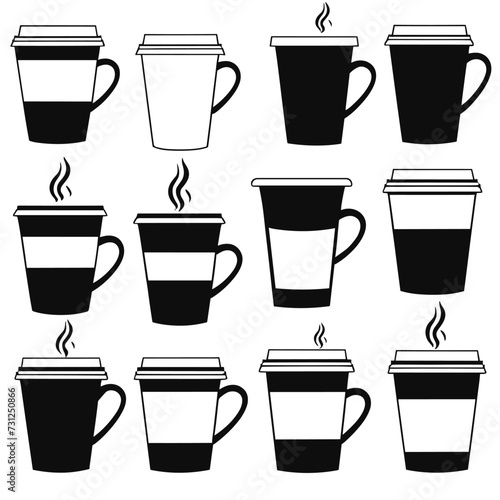 Illustration of various black and white coffee cups and mugs arranged in a grid pattern, showcasing diverse styles and designs of takeaway and reusable cups.