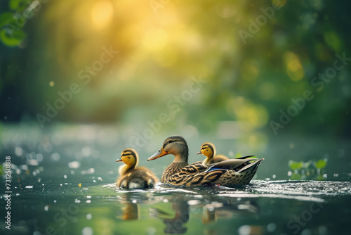 family of ducks swimming happily in a pond