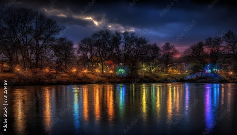 Colorful lights night Dutch city scene with reflection on the river Colorful lights night Dutch city scene with reflection on the river