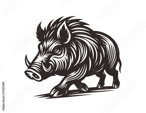 Monochrome vintage wild boar emblem. Isolated vector illustration