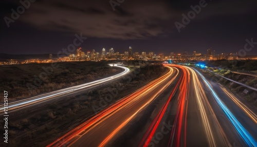 Highway traffic reaching the city by night 