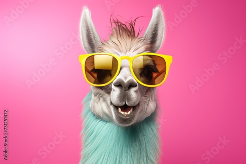 Energetic llama wearing stylish yellow sunglasses, happy animal in commercial vibe on pink backdrop