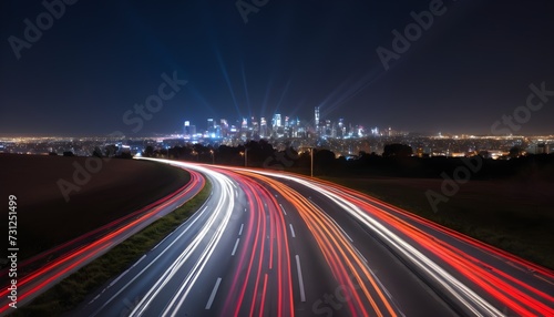 Highway long exposure, city skyline in the distance by night 