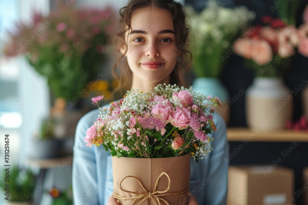 A joyful woman arranges a vibrant bouquet of fresh flowers in a vase, surrounded by potted plants and artificial blooms, radiating warmth and beauty