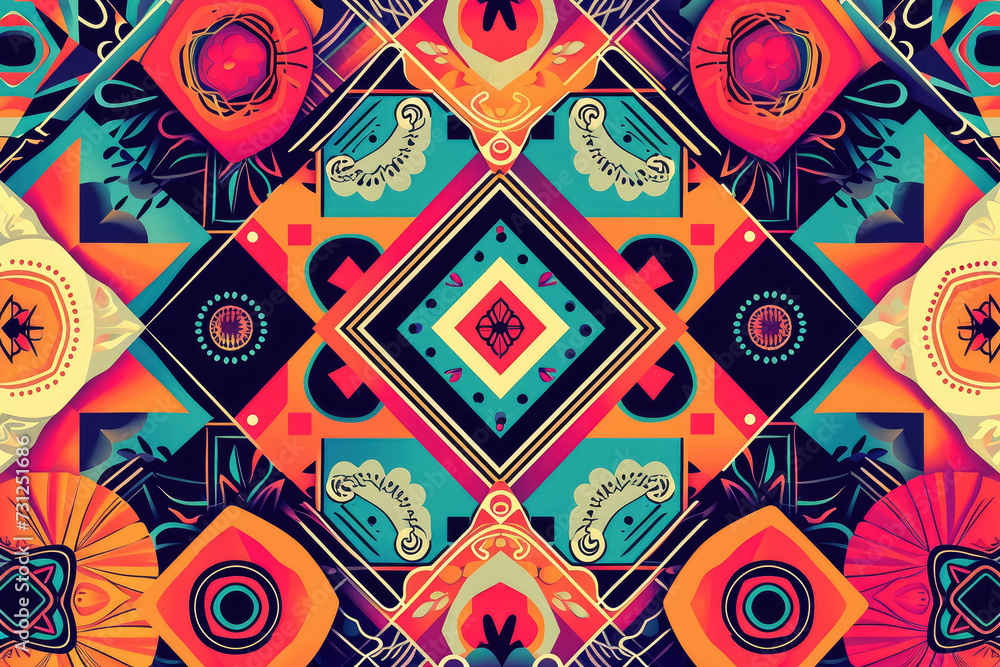 Create a vibrant and colorful pattern with geometric shapes and intricate details Create a vibrant and colorful pattern with geometric shapes and intricate details