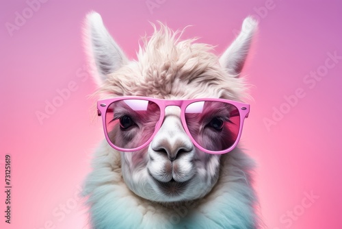 Stylish llama with trendy pink sunglasses and vibrant pink background, perfect for commercial use © katrin888