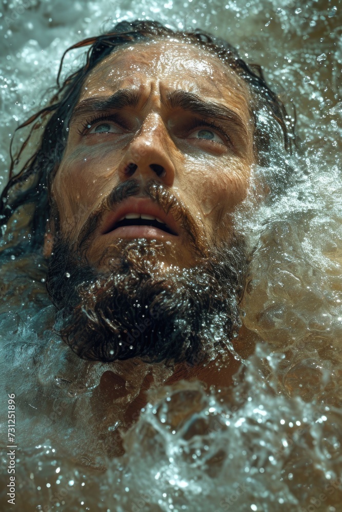 Fototapeta premium Man With Closed Eyes Submerged in Water During Baptism. Generative AI.